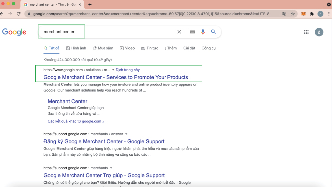 search trên Google với từ khoá “Merchant Center”